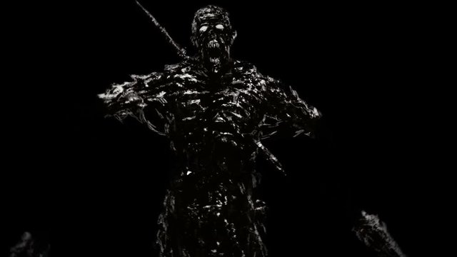 Chopped by sword zombies monsters. Animation in the horror genre. Horror character concept. Black and white color.