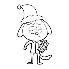 line drawing of a bored dog in office clothes wearing santa hat