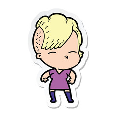 sticker of a cartoon squinting girl