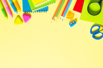 School and office sstationery on yellow background. 