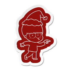 nervous cartoon  sticker of a boy wearing santa hat