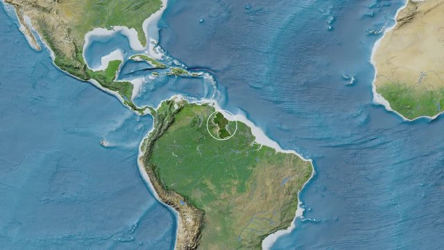 Guyana area presented against the global satellite map in the Patterson Cylindrical projection with animated oblique transformation