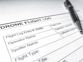 A drone flight log page on a white surface, with a black pen; Aviation office paperwork.