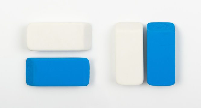 Big Collection of White and Blue Erasers Top View