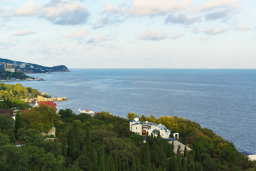 Landscape view at sunset from the observation deck to the resort village of Alupka in the Crimea