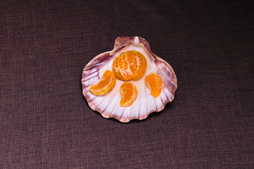Mandarin slices in a sea shell