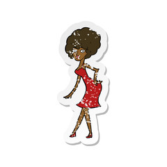 retro distressed sticker of a cartoon woman posing in dress