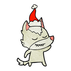 friendly textured cartoon of a wolf wearing santa hat