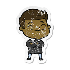 distressed sticker of a happy cartoon man