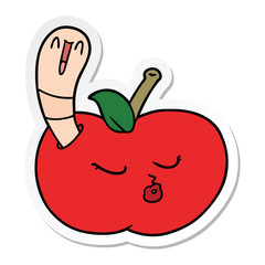 sticker of a cartoon worm in apple