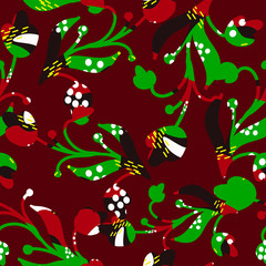 flowers with green and red colors textures on a dark red background 