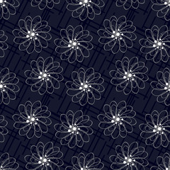 abstract linear ornament with gray flowers on a dark blue color