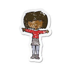 retro distressed sticker of a cartoon girl pointing