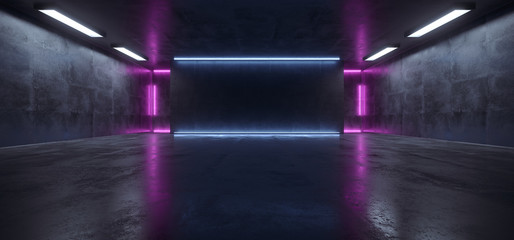 Neon Glowing Fluorescent Vibrant Purple Blue Empty Stage Studio Club Dance Room Reflections Concrete Grunge Sci Fi Futuristic Tunnel Hall Ultraviolet 3D Rendering