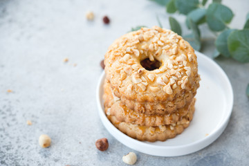 Shortbread rings with nuts. Homemade cake.