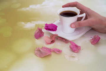 pink roses leaves on the background for happy women day ,teacher day, mother day, 8 March day, coffee concept in the cafe.
