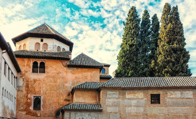 Exterior of the Nasrid Palaces (Palacios Nazaríes) of the Alhambra, most visited monument of Spain in Granada