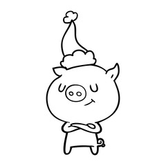 happy line drawing of a pig wearing santa hat