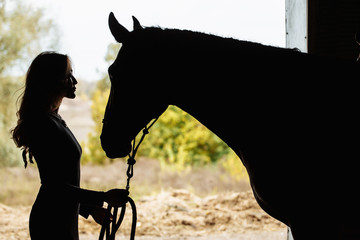 young woman with horse in stable silhouetted with the grass and farm behind her