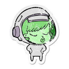distressed sticker of a cartoon pretty astronaut girl