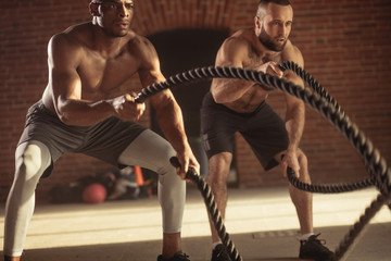 Muscular half-naked body athletes doing some crossfit exercises with a rope indoor, preparing to competitions and effectively burning excess fat.