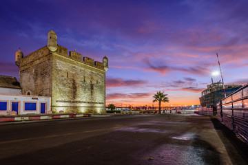 Sightseeing of Morocco. Beautiful sunrise in Essaouira port. Essaouira cityscape at night. 