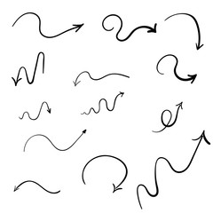 Infographic elements on isolated white background. Hand drawn simple arrows. Line art. Set of different pointers. Abstract indicators. Black and white illustration.