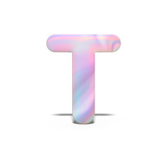 Abstract 3d capital letter T in bright holographic design. Realistic shiny alphabet on neon blue pink font, isolated white background. 3d rendering