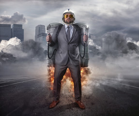Jetpack businessman with city background