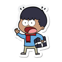 sticker of a cartoon shocked man with gift