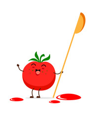 Cheerful tomato with a spoon in hand and drops of tomato juice. Vector illustration in kawaii style on white background.
