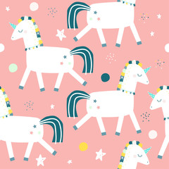 Seamless pattern with magic unicorn. Kids cute print. Vector hand drawn illustration.