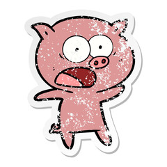 distressed sticker of a cartoon pig shouting