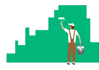Worker man paints wall. Vector illustration. Eps