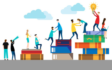 People climbing books. isolated on white background. Vector illustration.
