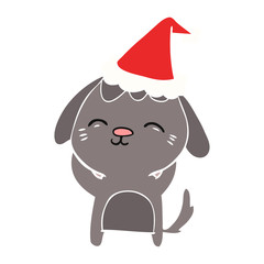 happy flat color illustration of a dog wearing santa hat