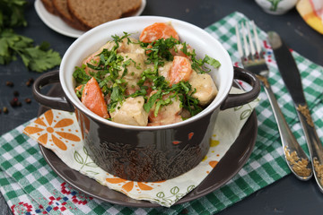 Ragout with turkey and carrots in a pot on a dark background