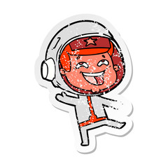 distressed sticker of a cartoon happy space man