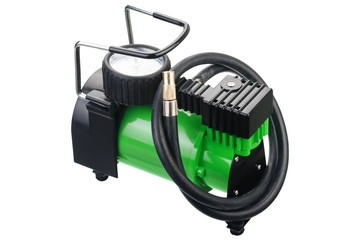 Car pump with manometer, air compressor on white