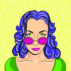 Pop art woman with glasses. Vector illustration