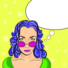 Pop art woman with glasses with speech bubble. Vector illustration