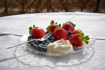 Light juicy fruit dessert ideal for diet consist from strawberries, bluberries and sour cream, served on the small glass plate with fork on the table of garden restaurant or cafe in summer sunny day.