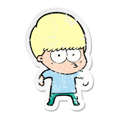 distressed sticker of a nervous cartoon boy
