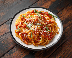 Spaghetti alla Amatriciana with pancetta bacon, tomatoes and pecorino cheese