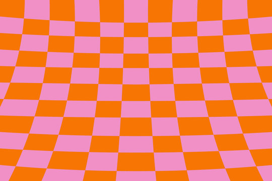 Warped perspective coloured checker board effect grid orange and pink