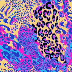 Seamless wild safari skin pattern. Mix of Tiger skin, jaguar skin. Neon bright colors. Glitch pattern. Retro pattern.