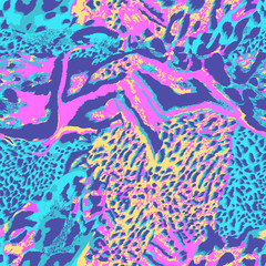 Seamless wild safari skin pattern. Mix of Tiger skin, jaguar skin. Neon bright colors. Glitch pattern. Retro pattern.