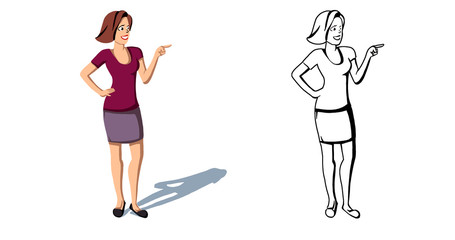 The image of a girl who points with her left hand at an object. This girl's logo, outline, stroke.