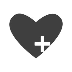 Black heart icon with plus isolated on white background. Passion love shape, health concept. Valentine day symbol. Simple element. Vector flat design