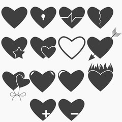 Black heart icon set isolated on white background. Passion love shape, health concept. Valentine day symbol. Simple element. Vector flat design